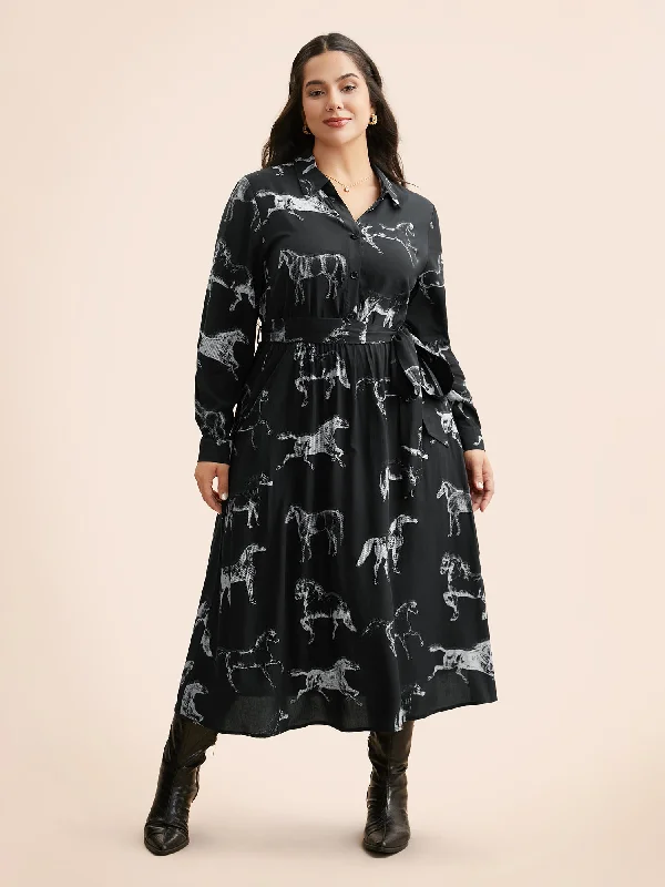 Horse Print Belted Midi Dress