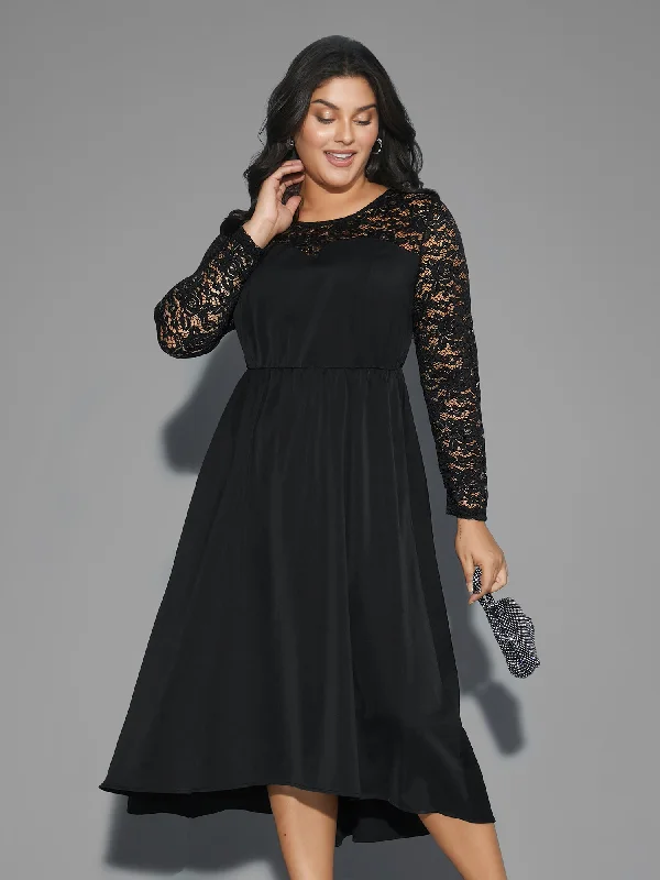 Lace Patchwork Elastic Waist Midi Dress