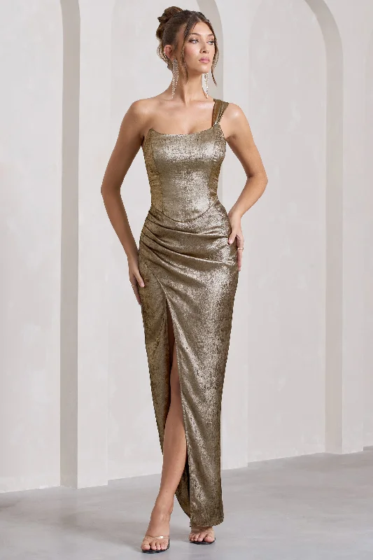 Mercy | Gold Metallic One-Shoulder Corseted Wrap Maxi Dress