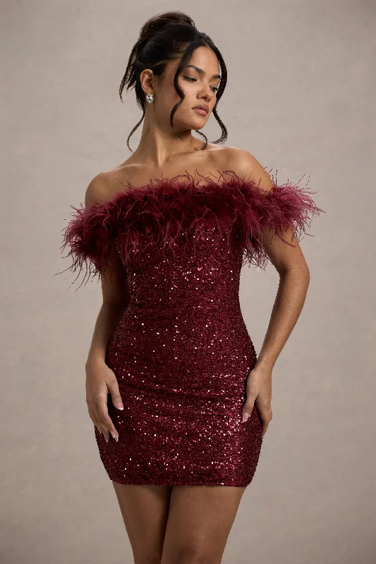 New Money | Burgundy Bodycon Sequin Mini Dress With Feather Trim