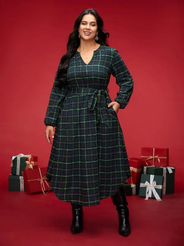 Notched Collar Plaid Pattern Belted Midi Dress