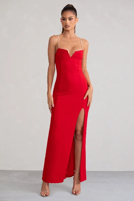 Notes To Self | Red Square Neck Thigh Split Maxi Dress