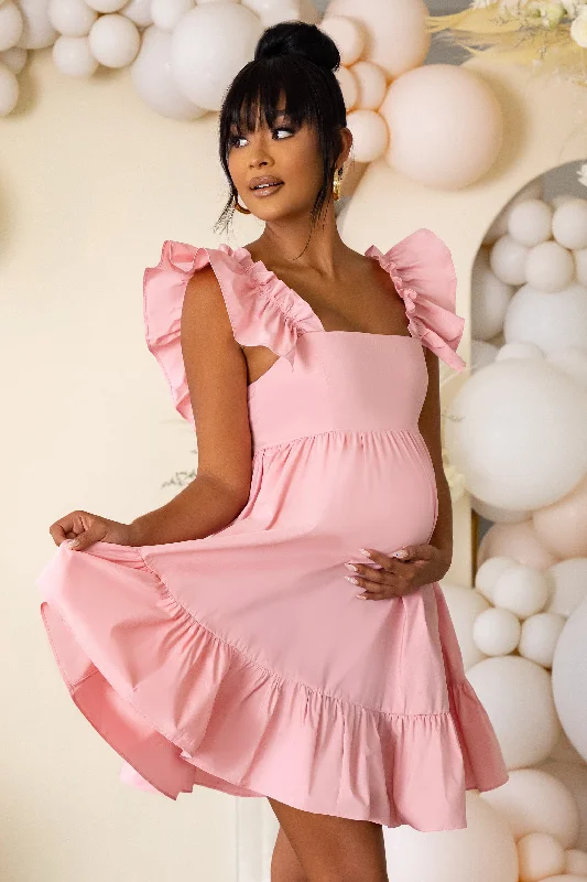 Dolly Daze | Pink Maternity Ruffle Sleeve Babydoll Mini Dress