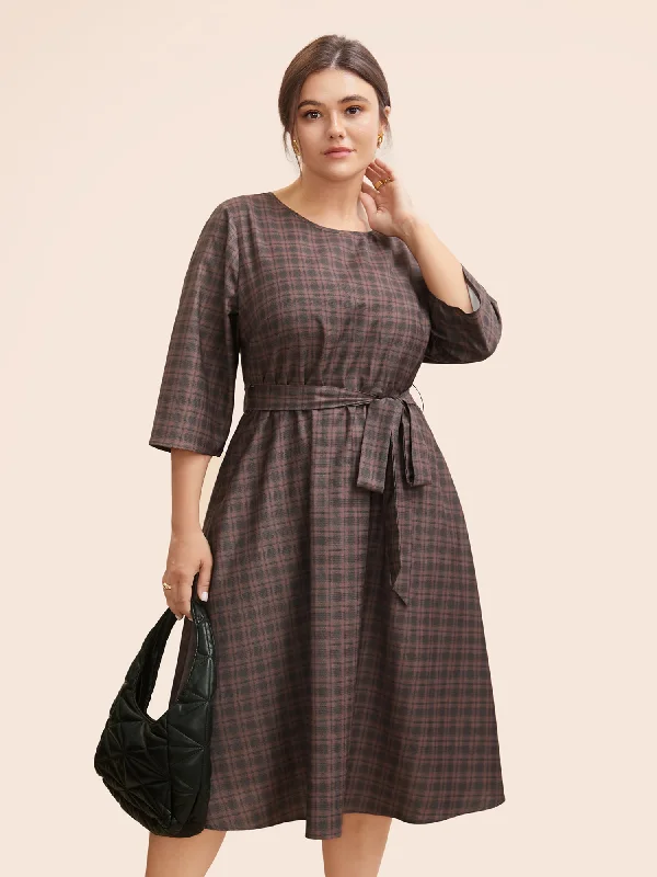 Plaid Round Neck Belted Midi Dress