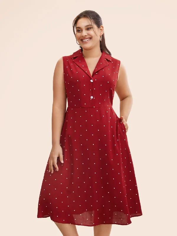 Polka Dot Suit Collar Button Detail Midi Dress