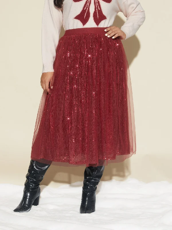 Sequin Mesh Elastic Waist Midi Skirt