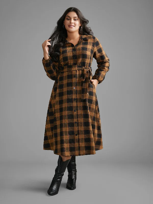 Shirt Collar Plaid Belted Midi Dress