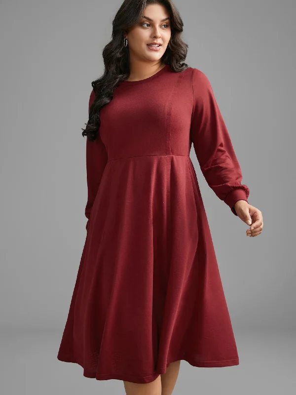 Solid Round Neck Midi Knit Dress