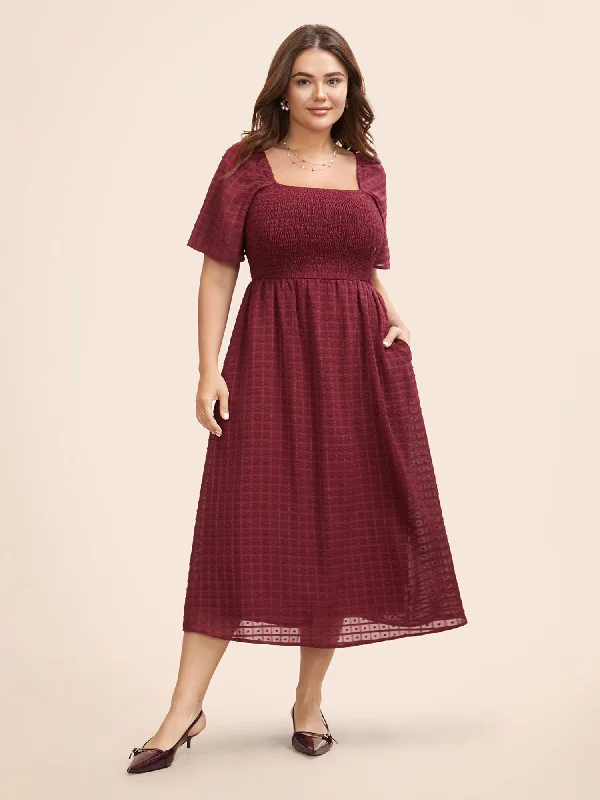 Square Neck Textured Shirred Midi Dress