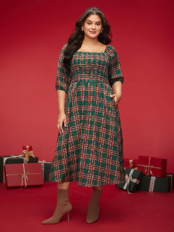 Square Neckline Plaid Smocked Bodice Midi Dress