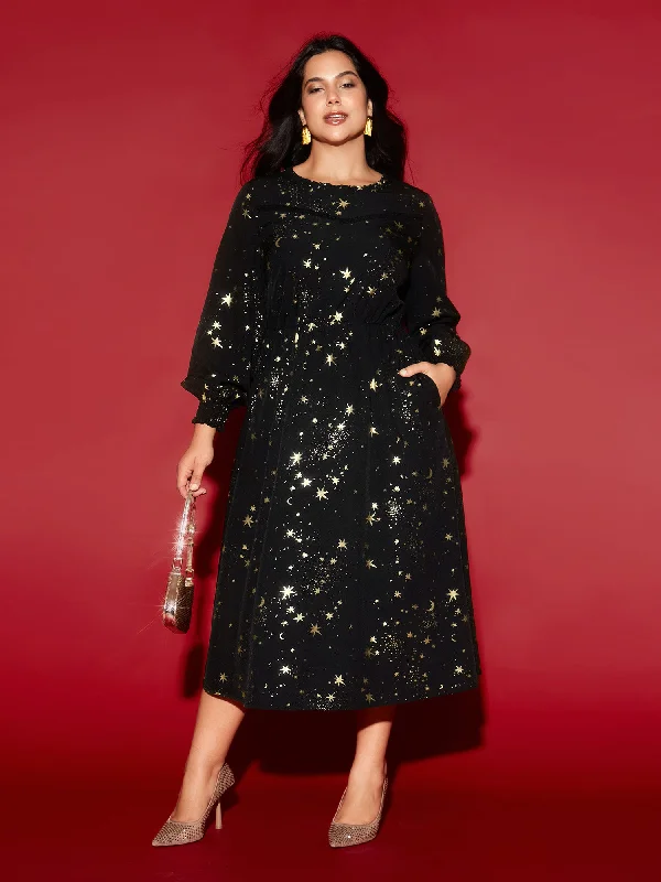 Star Printed Lace Neckline Midi Dress