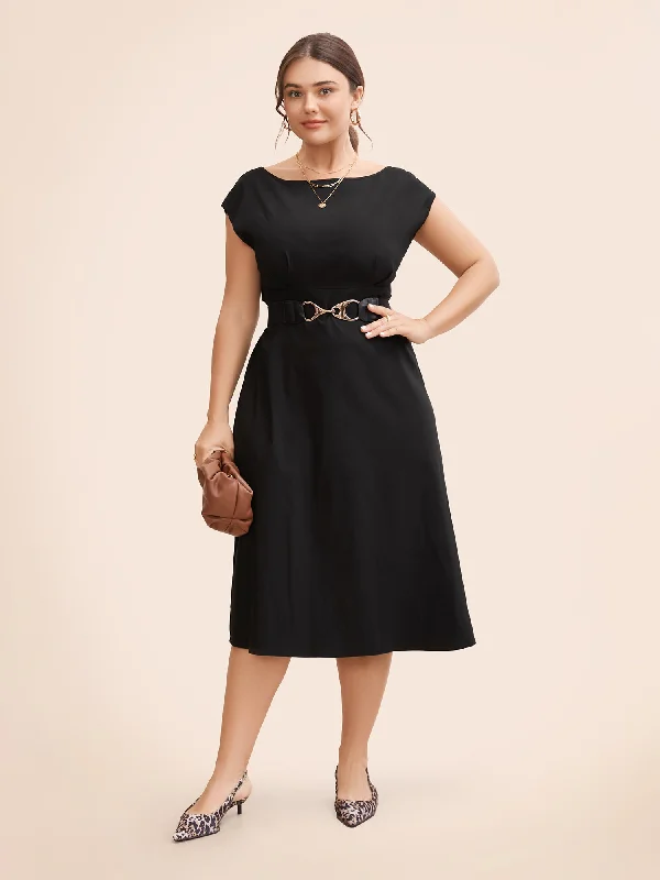 Stretch Woven Cowl Neckline Midi Dress