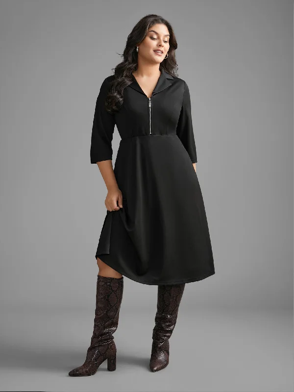 Suit Collar Half Zip Midi Dress