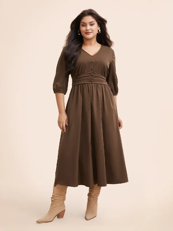 V Neck Shirred Ruched Midi Dress