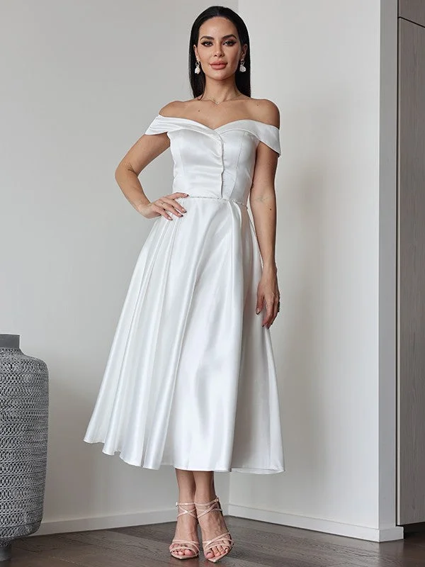 A-Line/Princess Satin Ruffles Off-the-Shoulder Sleeveless Tea-Length Wedding Dresses