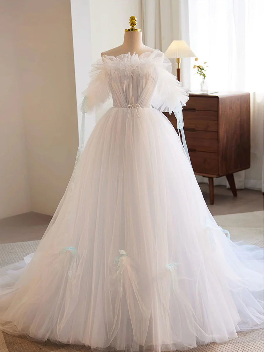 Formal Dress Unique Long Dress A-Line Tulle Bow knot Atmosphere Wedding Dress