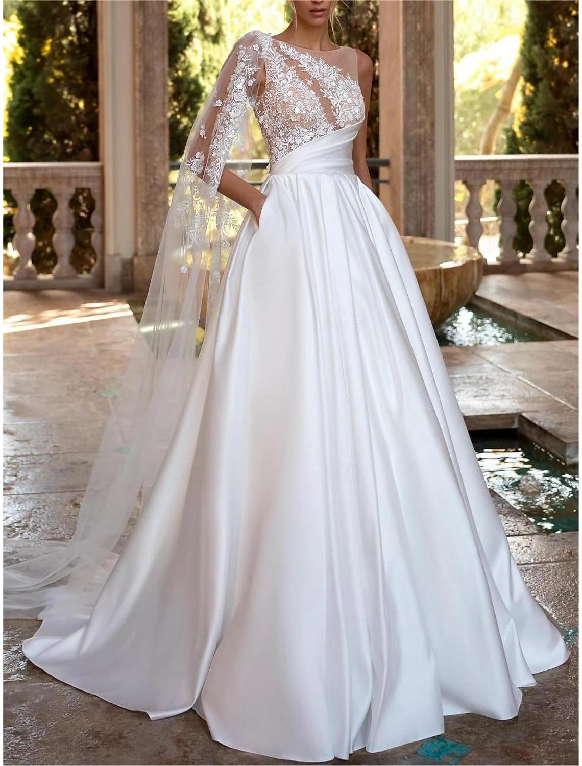 Off Shoulder Regular Straps Chapel Train Satin Bridal Gowns With Pleats Ruched Wedding Dresses