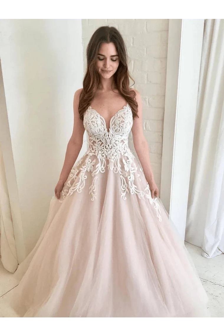 Prom Dresses A Line V Neck Champagne Tulle  Wedding Dress Formal Dresses