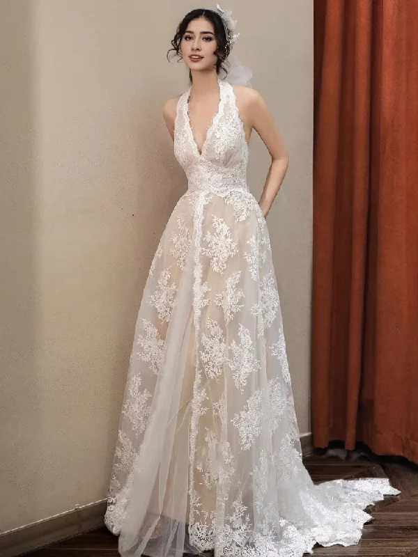 Wedding Dress V Neck A Line Lace Backless Elegant Formal Dresses