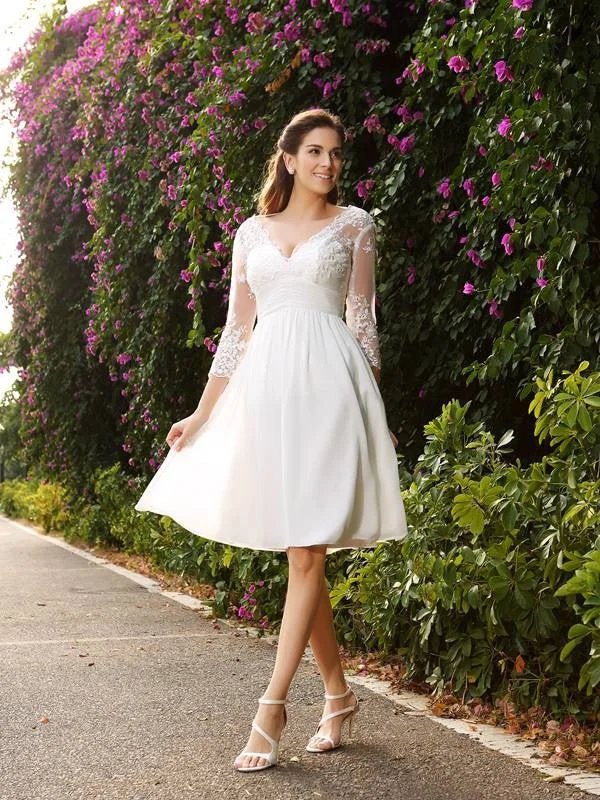 Wedding Dresses Princess V-neck 3/4 Sleeves Short Chiffon