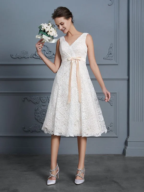 Wedding Dresses Princess V-neck Sleeveless Knee-Length Lace